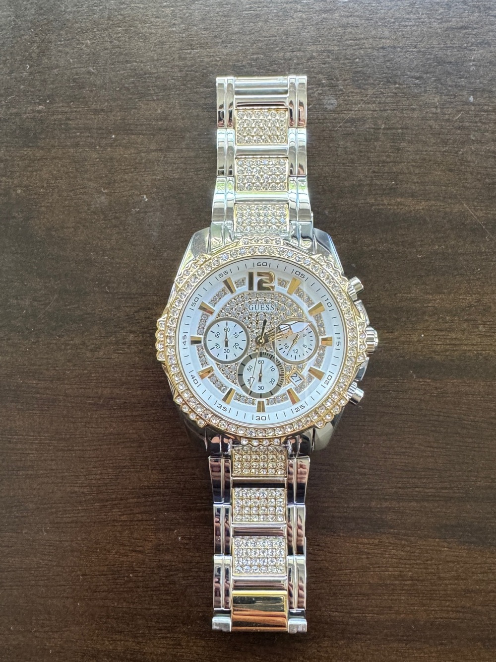 NEW GUESS Men’s Crystal Multifunction Watch Silver Gold Dress Watch